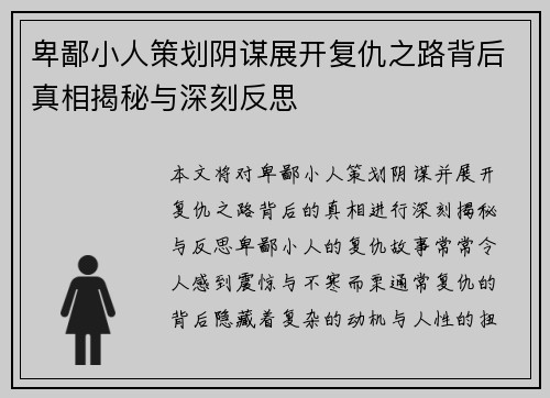 卑鄙小人策划阴谋展开复仇之路背后真相揭秘与深刻反思